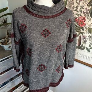 Lucky Lotus Gray and Red Women's Cowl Neck Sweater Small